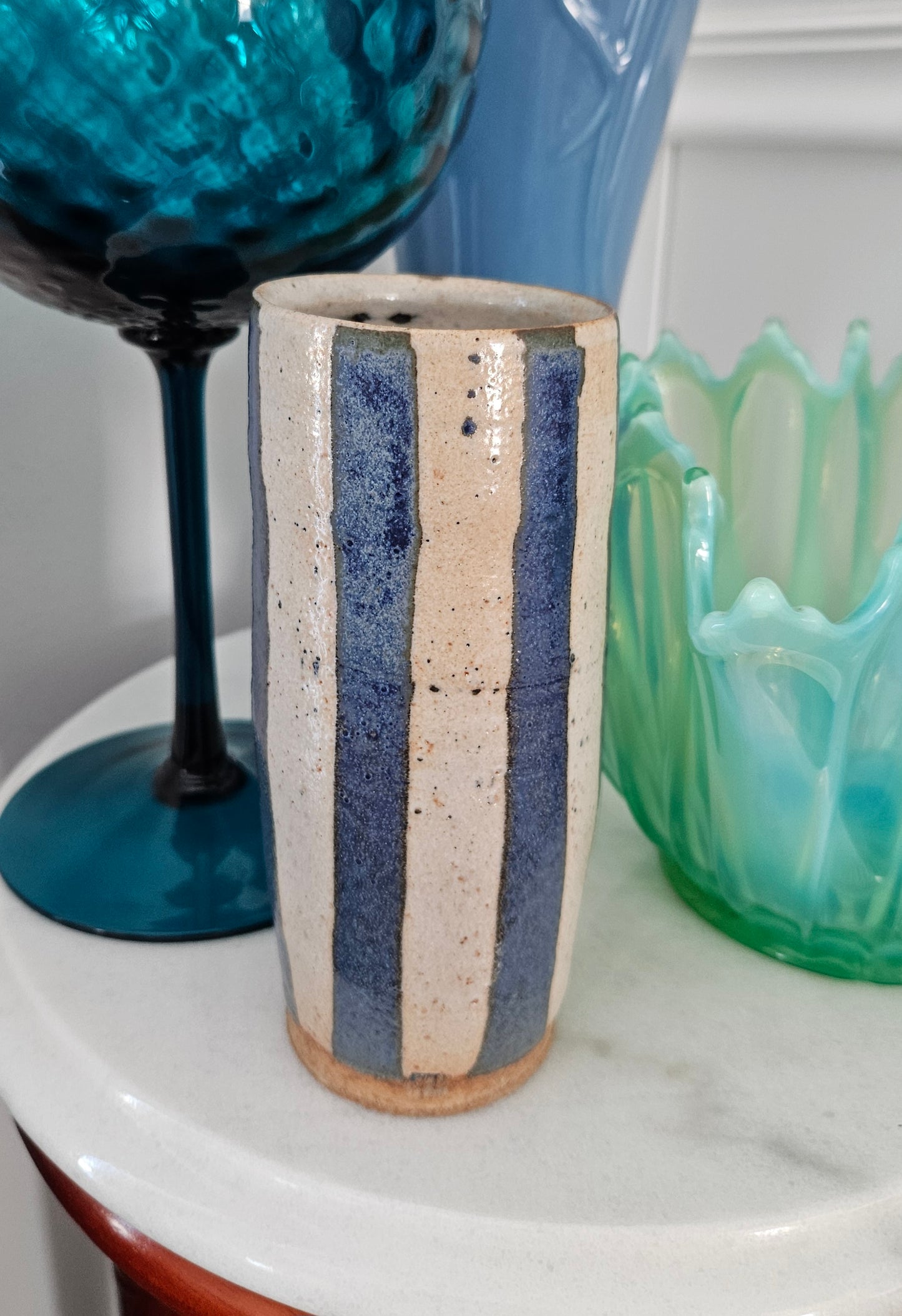 Studio Art Pottery Signed Salt Glaze Vase With Blue Vertical Stripes