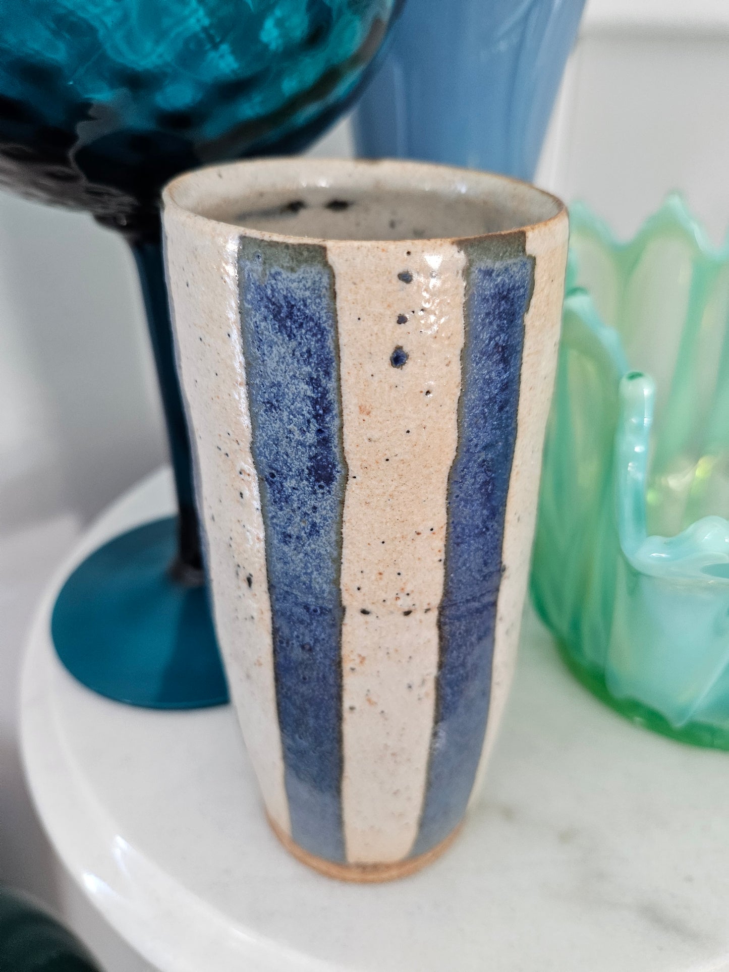 Studio Art Pottery Signed Salt Glaze Vase With Blue Vertical Stripes