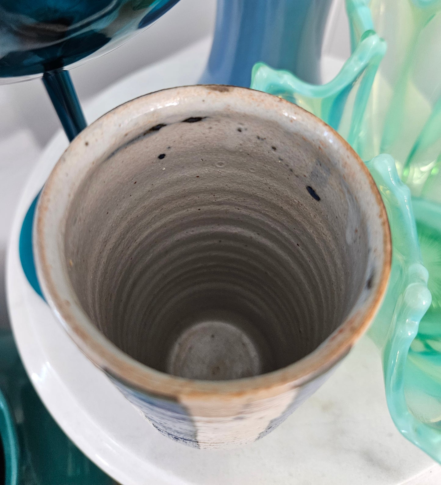 Studio Art Pottery Signed Salt Glaze Vase With Blue Vertical Stripes