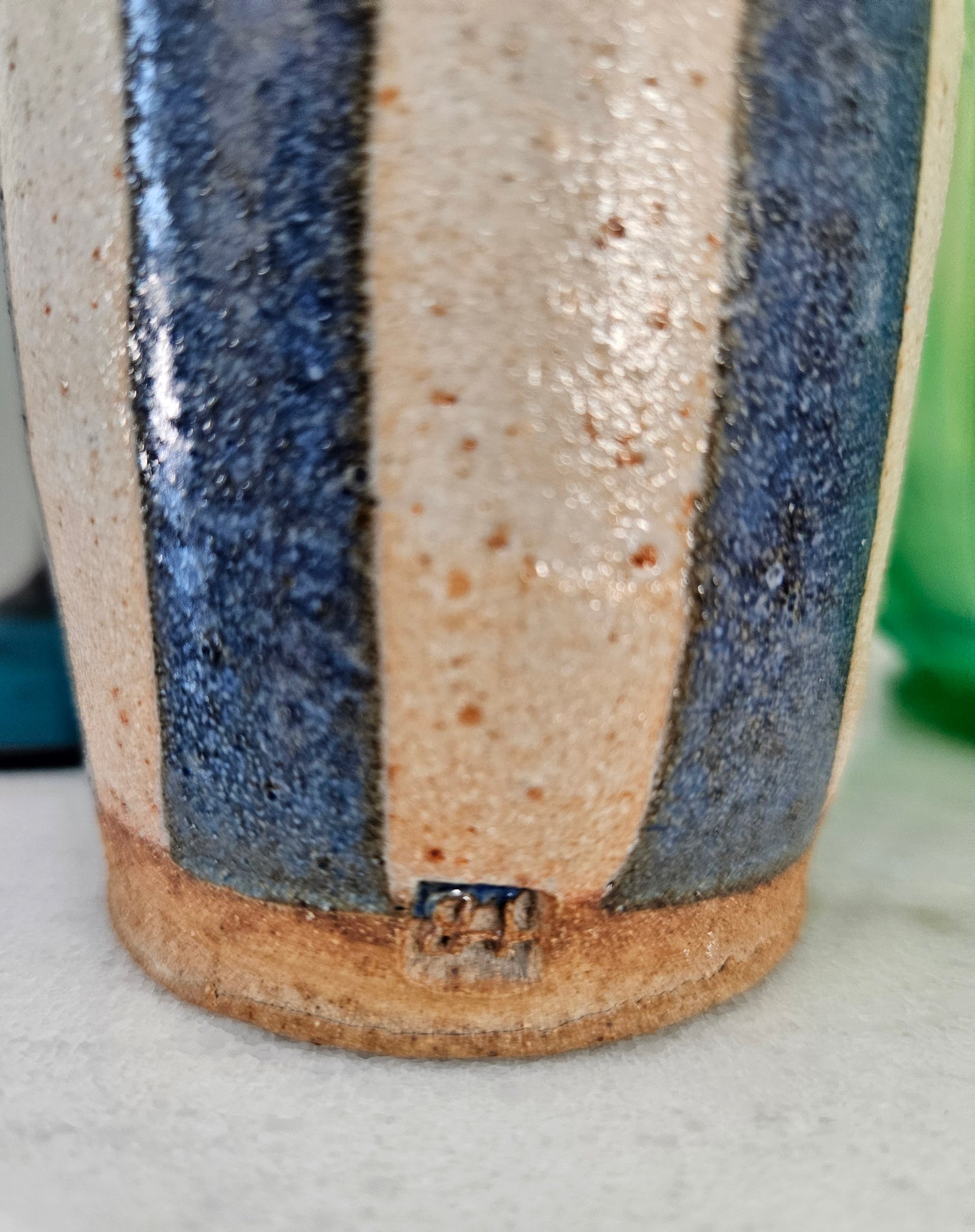 Studio Art Pottery Signed Salt Glaze Vase With Blue Vertical Stripes