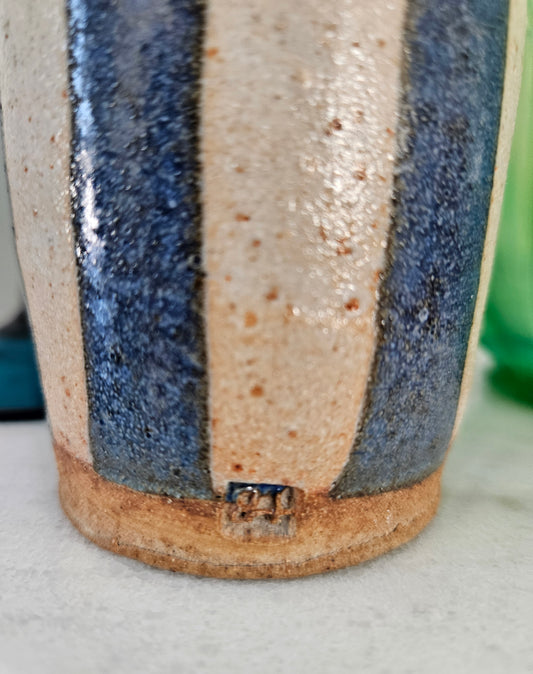 Studio Art Pottery Signed Salt Glaze Vase With Blue Vertical Stripes