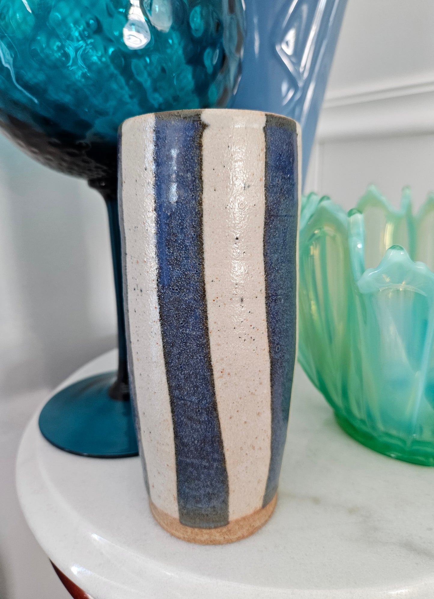 Studio Art Pottery Signed Salt Glaze Vase With Blue Vertical Stripes