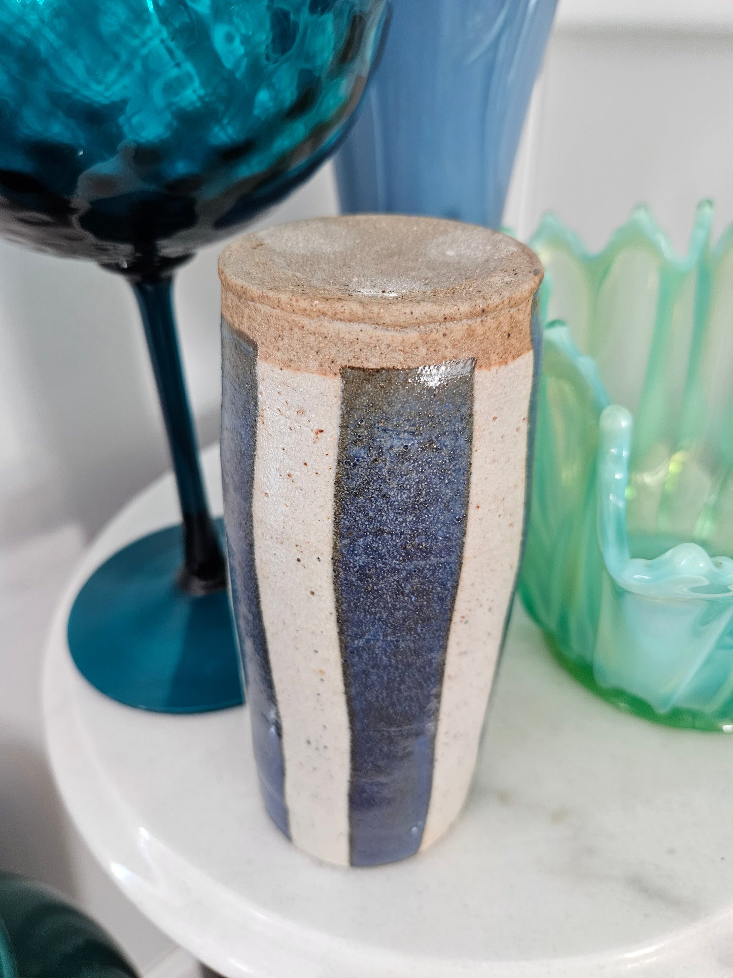 Studio Art Pottery Signed Salt Glaze Vase With Blue Vertical Stripes