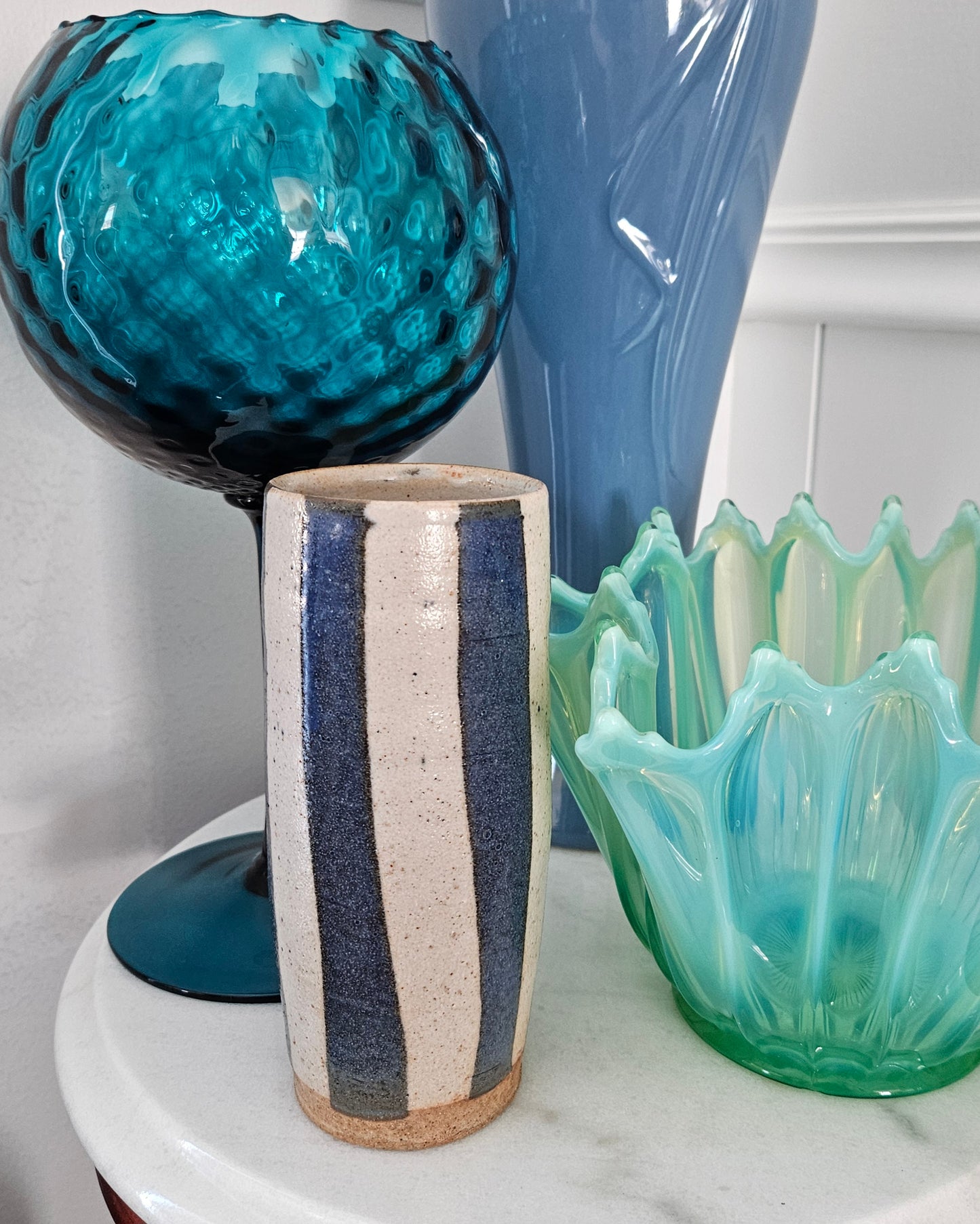 Studio Art Pottery Signed Salt Glaze Vase With Blue Vertical Stripes