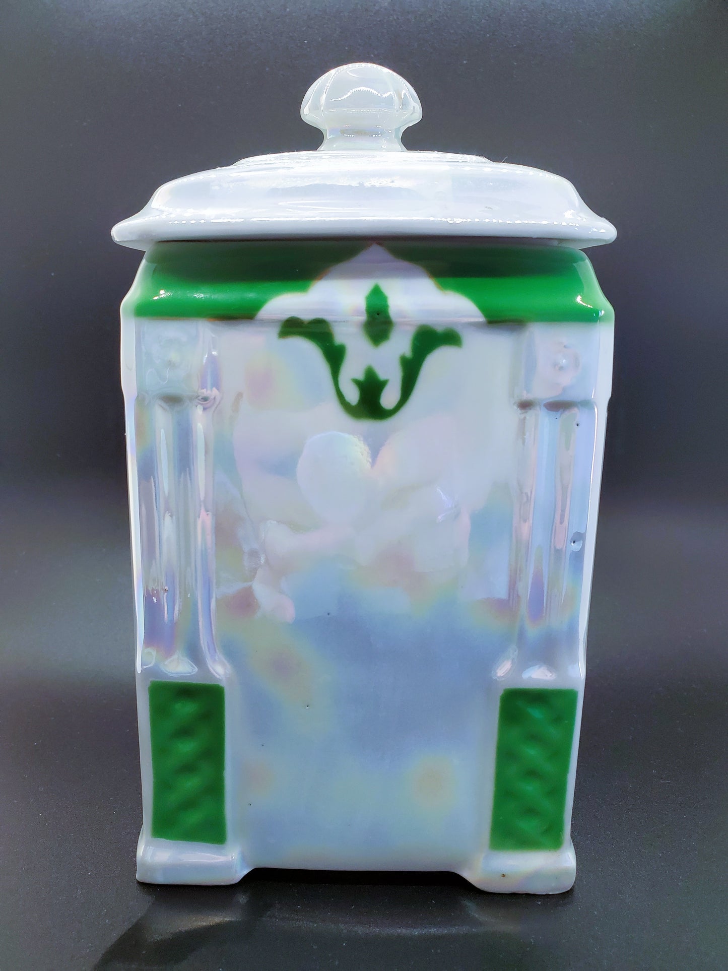 Vintage Victoria China Czechoslovakia Pearl Luster White and Green Canister