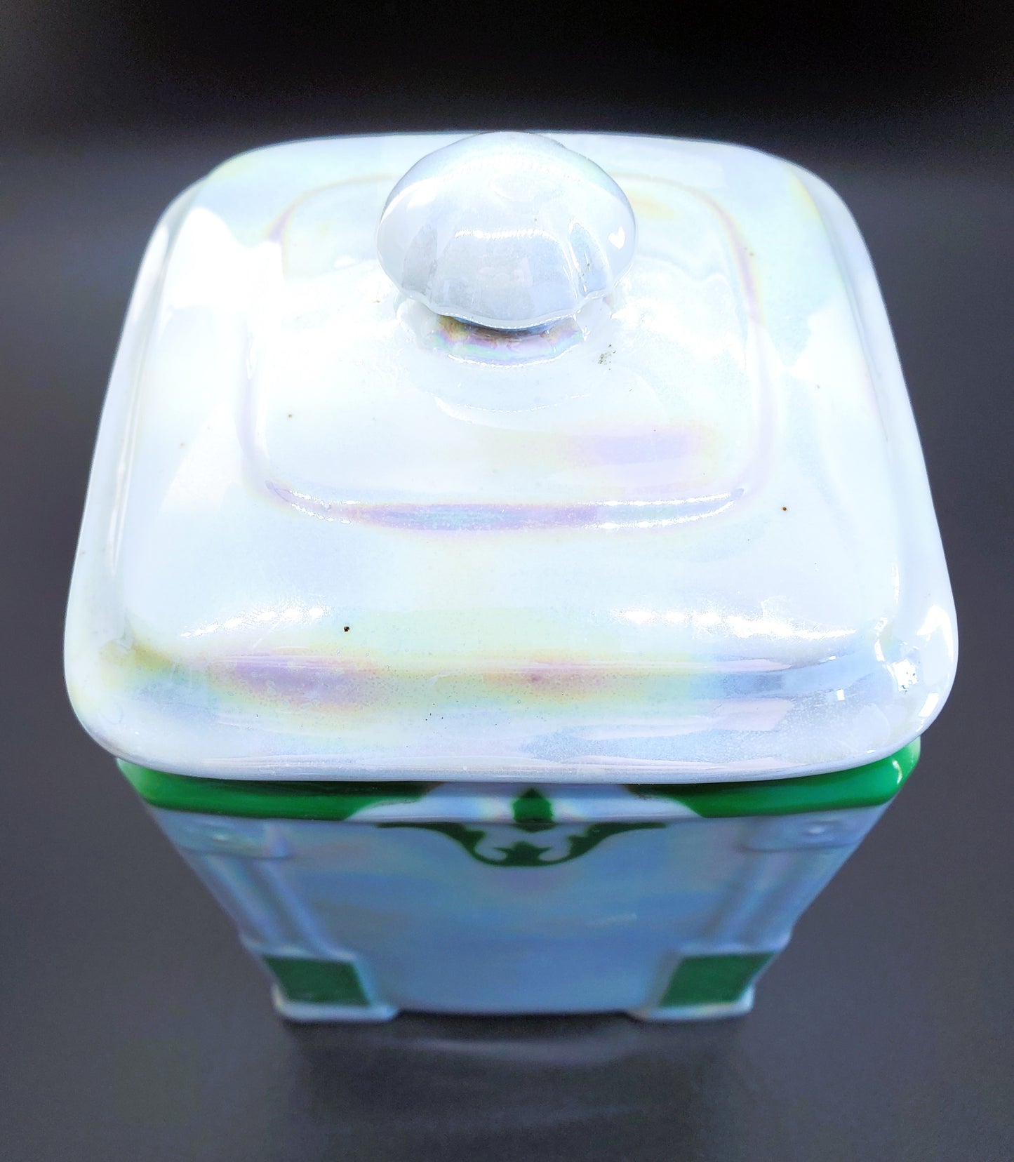 Vintage Victoria China Czechoslovakia Pearl Luster White and Green Canister