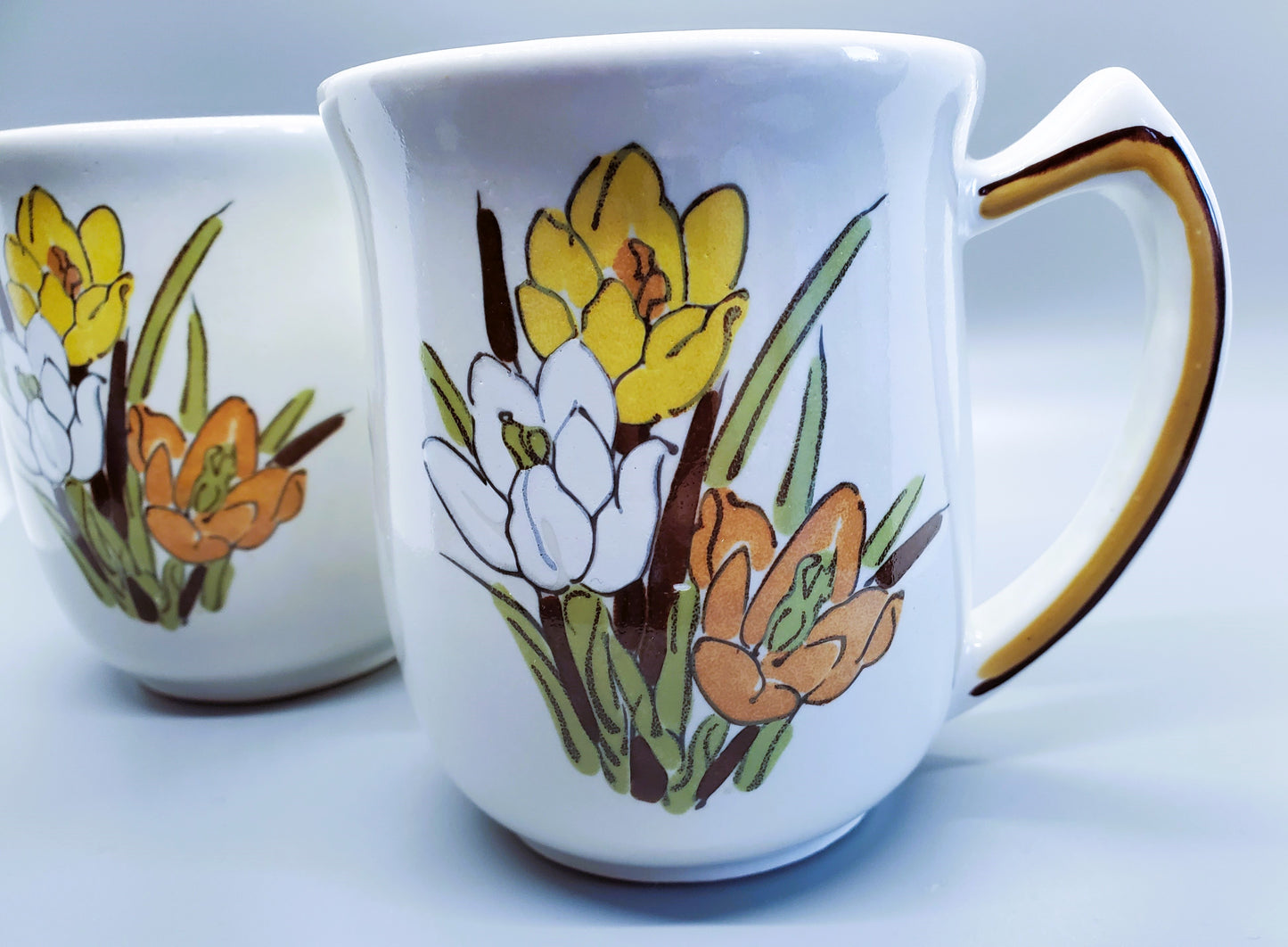 1970's USA Pottery Mugs Floral Design Vintage Set of Two