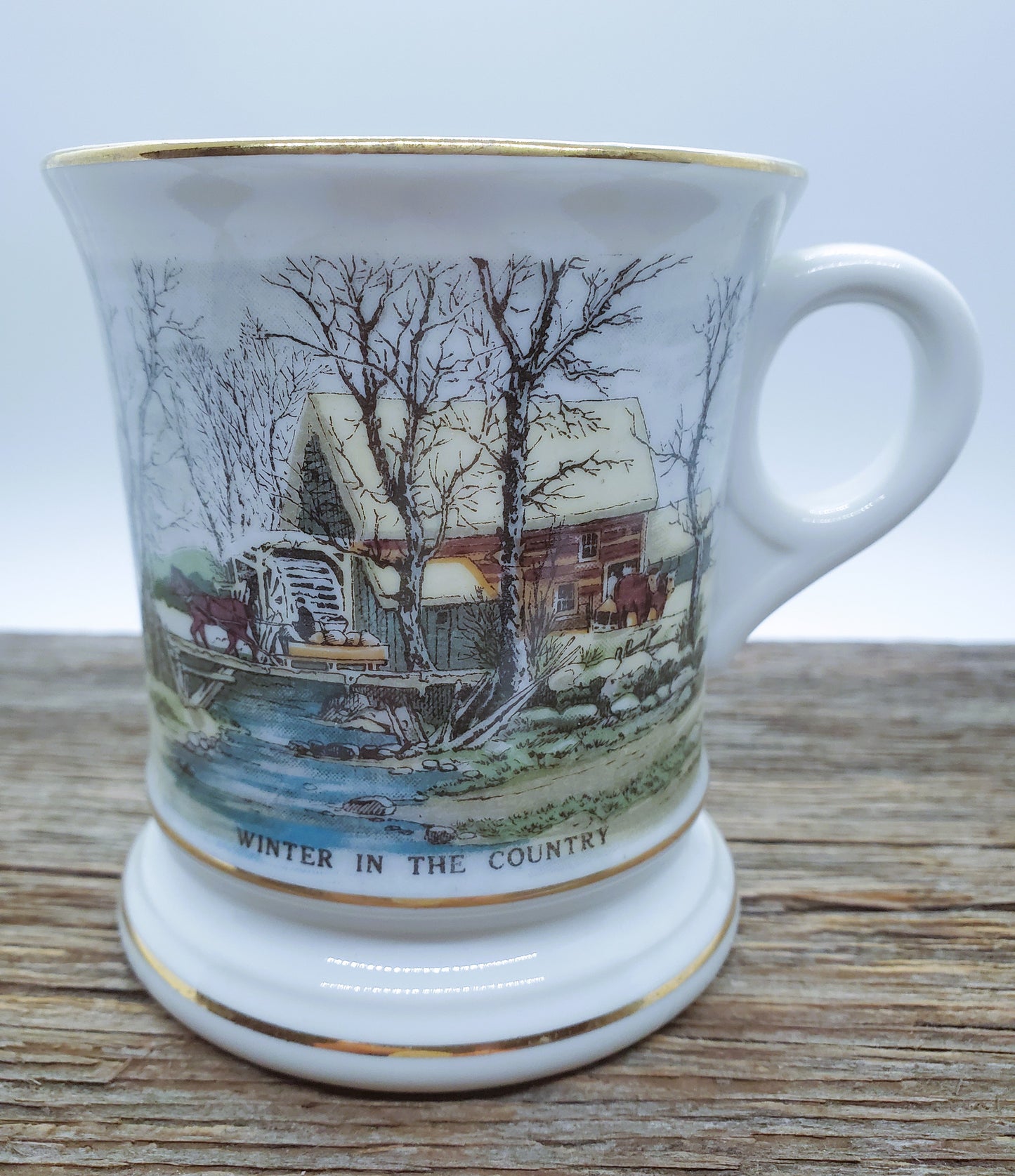 Vintage Winter Scene Mug Moustashe Protector Coffee Mug Gold Design