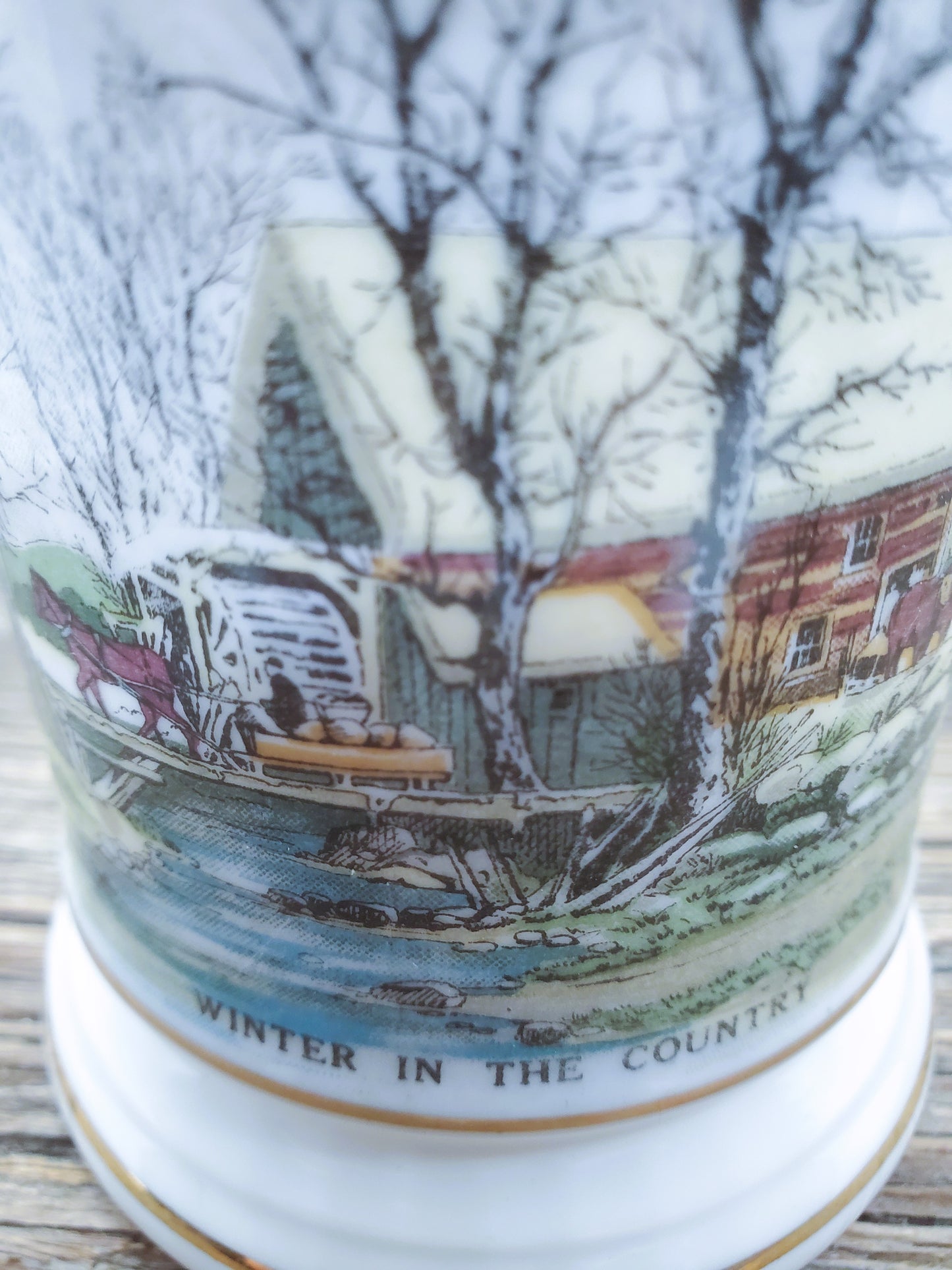 Vintage Winter Scene Mug Moustashe Protector Coffee Mug Gold Design