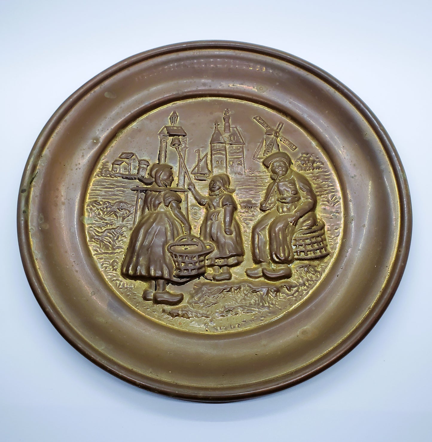 Antique Vintage Brass Wall Plate Dutch Windmills Made In England