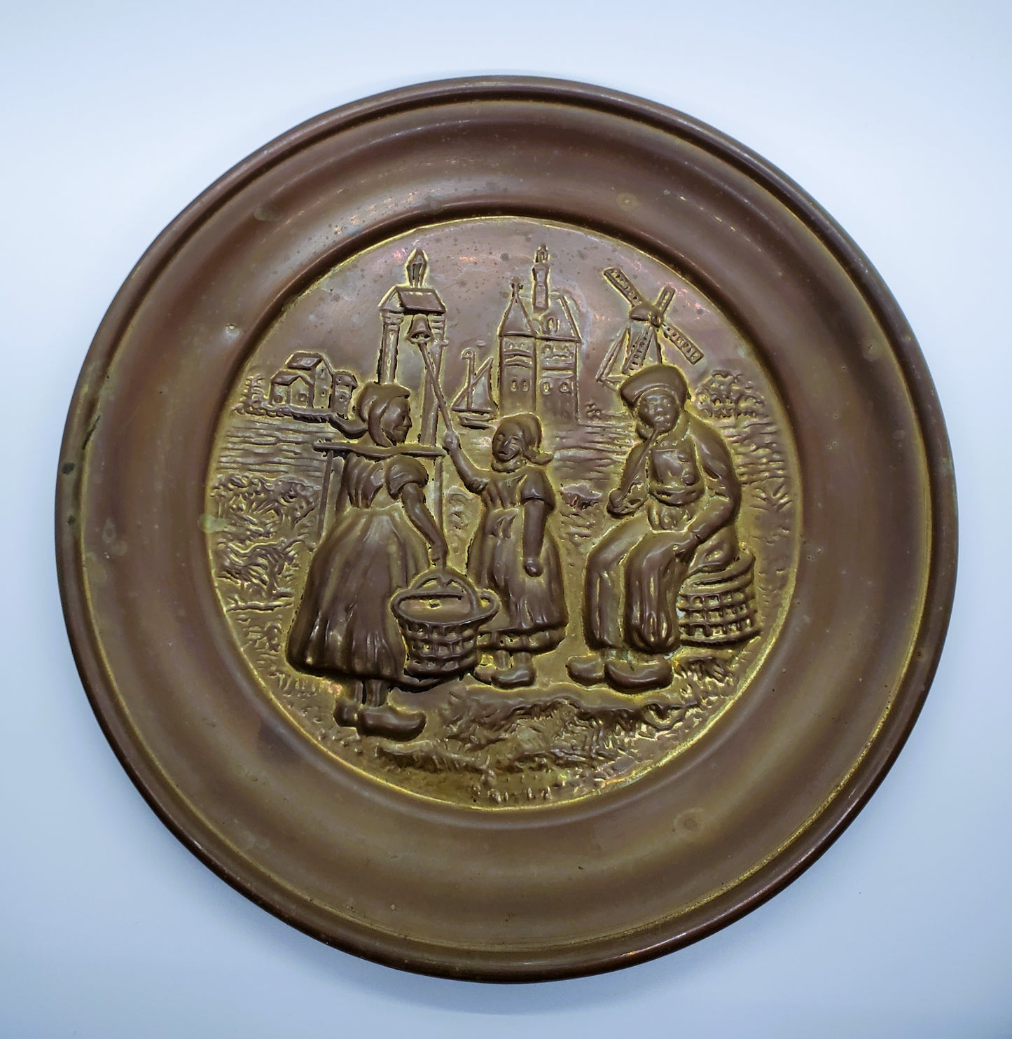 Antique Vintage Brass Wall Plate Dutch Windmills Made In England