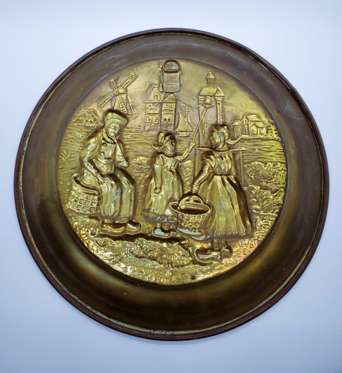 Antique Vintage Brass Wall Plate Dutch Windmills Made In England