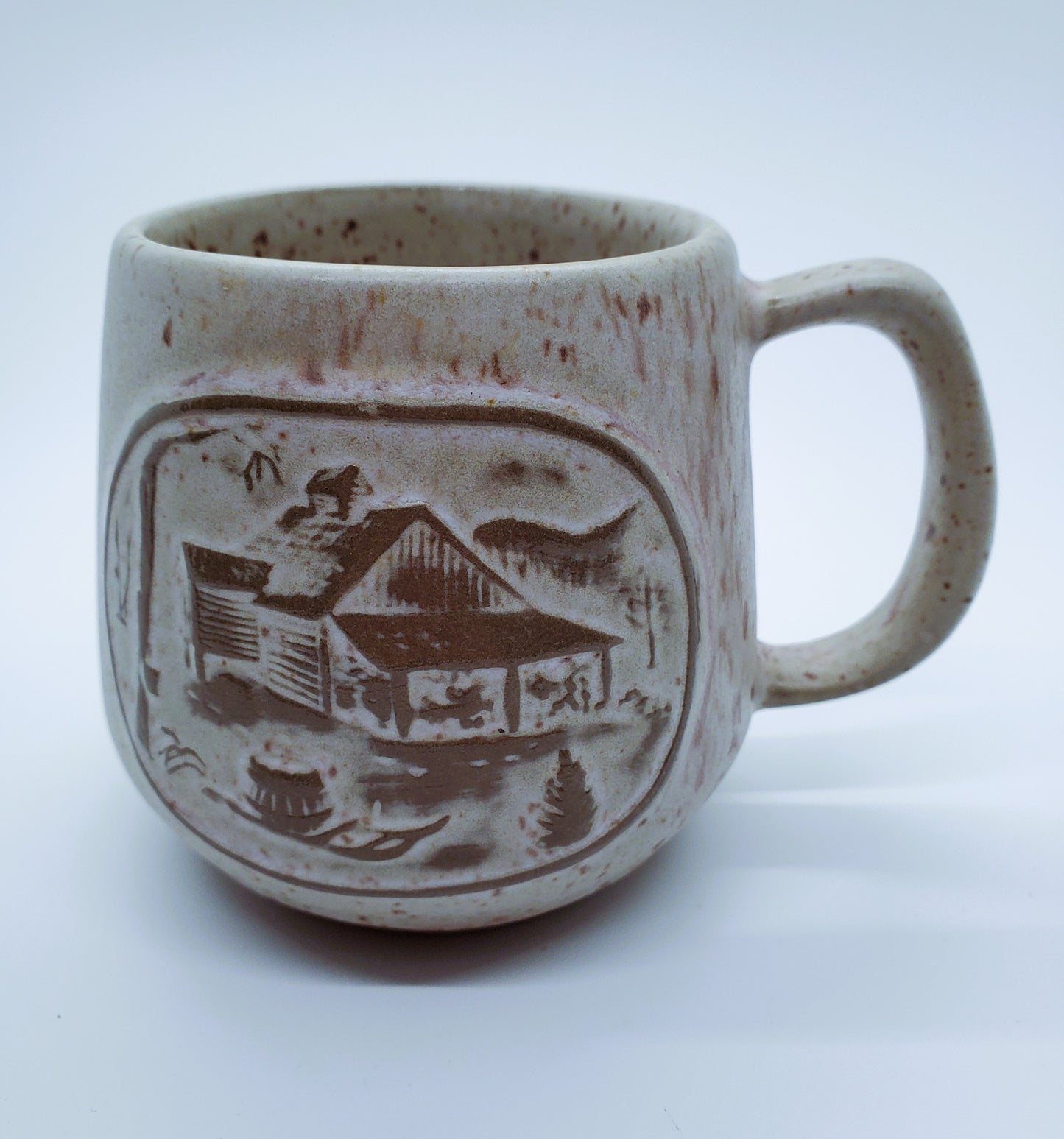 Onion River Pottery Vermont Coffee Mug Cabin Scene Stoneware