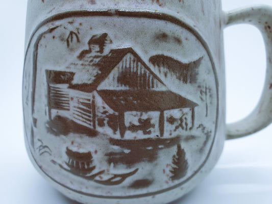 Onion River Pottery Vermont Coffee Mug Cabin Scene Stoneware